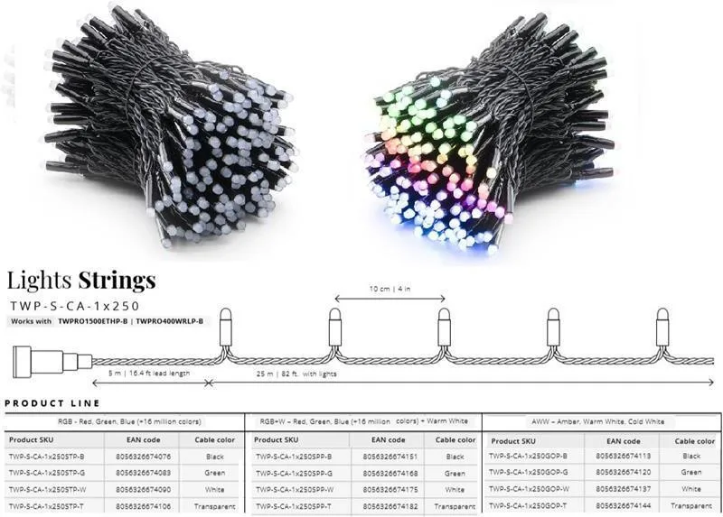 Smart LED Гирлянда Twinkly Pro Strings RGBW 250, одинарная линия, AWG22, IP65, черный (TWP-S-CA-1X250SPP-B)