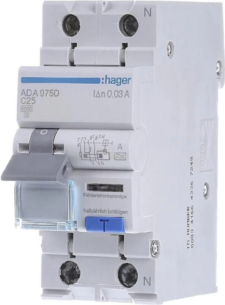 Диференціальний автоматичний вимикач HAGER ADA975D 1P+N 6kA C-25A 30mA A