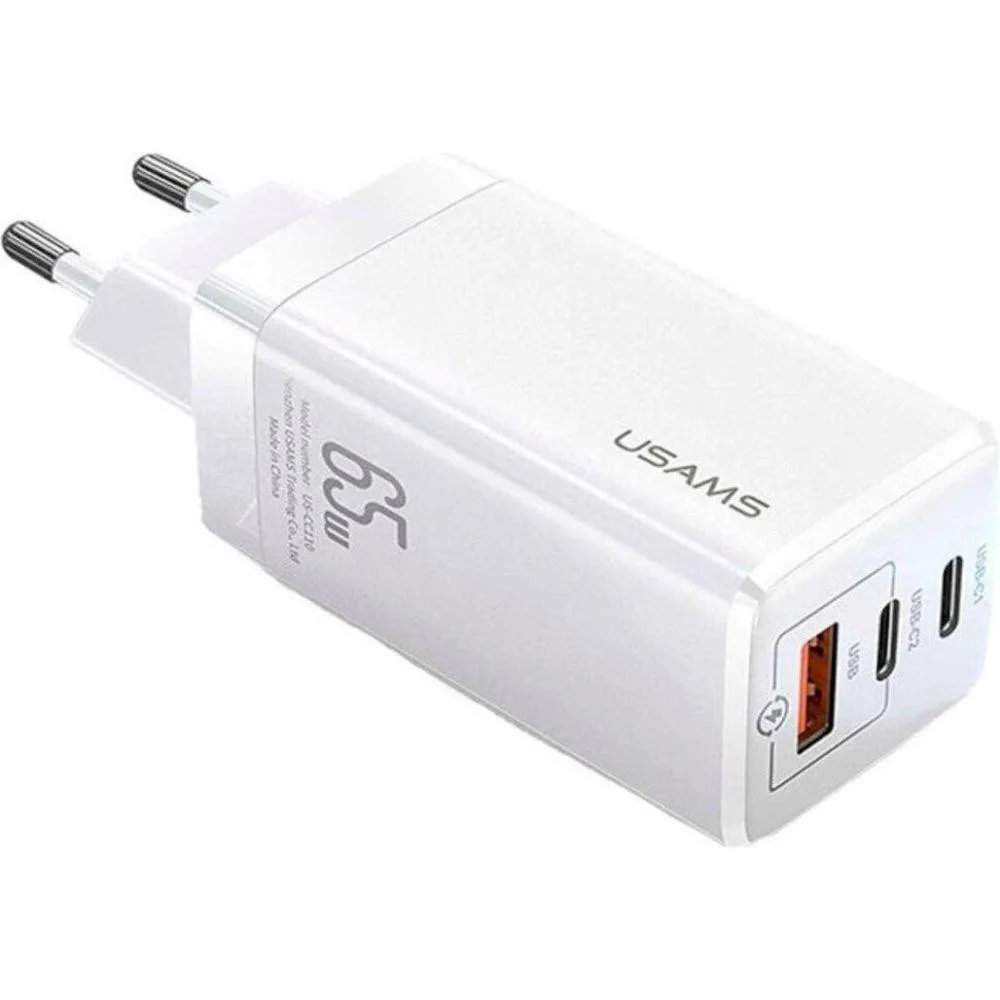 Мережевий зарядний пристрій Usams US-CC110 T33 65W 3 Ports GaN Mini Fast Charger white (CC110TC02)