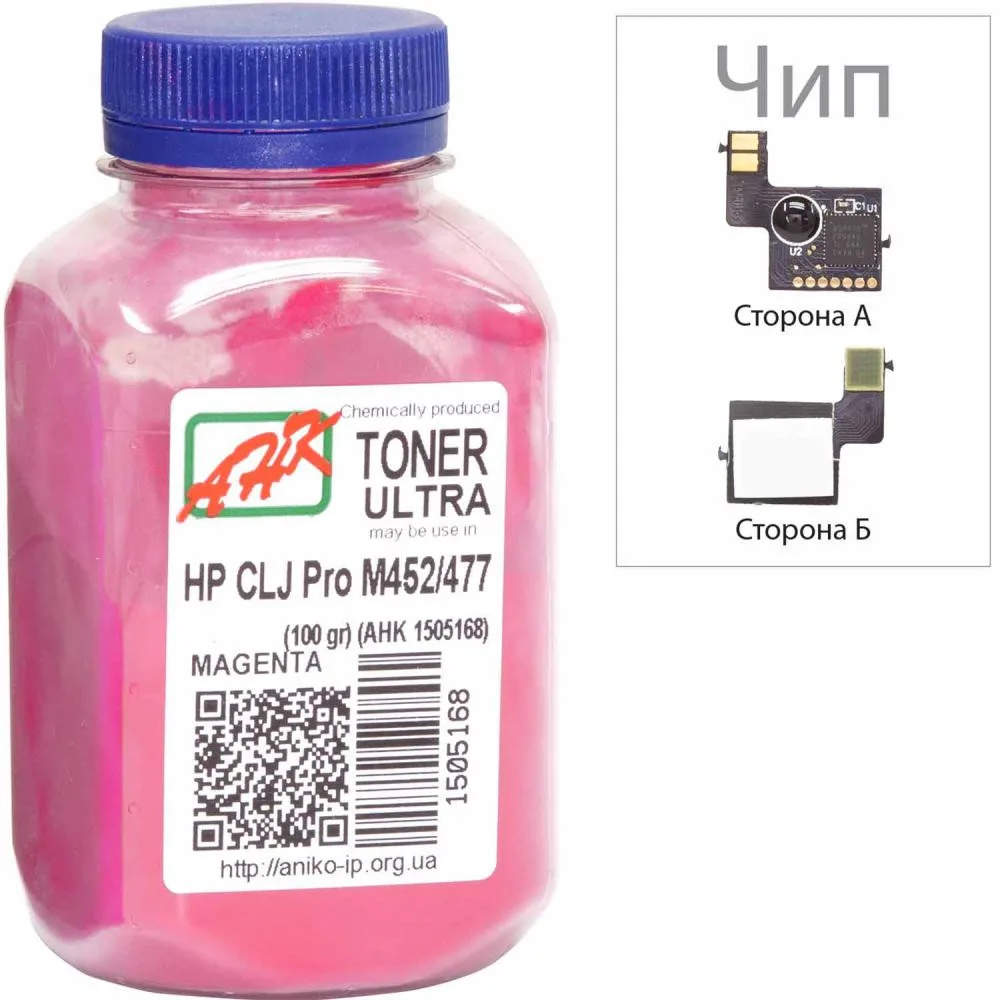 Тонер+чип АНК для HP CLJ Pro M452/477 ( тонер АНК, чип АНК) бутль 100г Magenta (1505172)