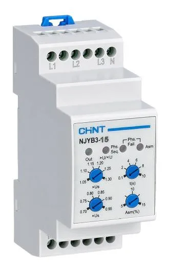 Реле контролю фаз CHINT NJYB3-15 AC220V, 3F4P, Захист U+(1,05~1,3)*Us/U-(0,7~0,95)*Us,Затримка 0,1~10с,Захист обриву/послідовності фаз/баланс5-15%,Ue2 Ie0.75/0.47, 1CO+1NO (Y-40757)