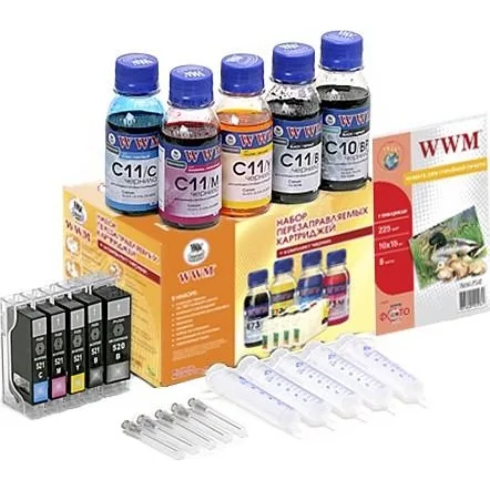 Набор перезаправляемых картриджей WWM для Canon Pixma IP3600/IP4700/MP540/MP550 (RC.CLI521ARC)