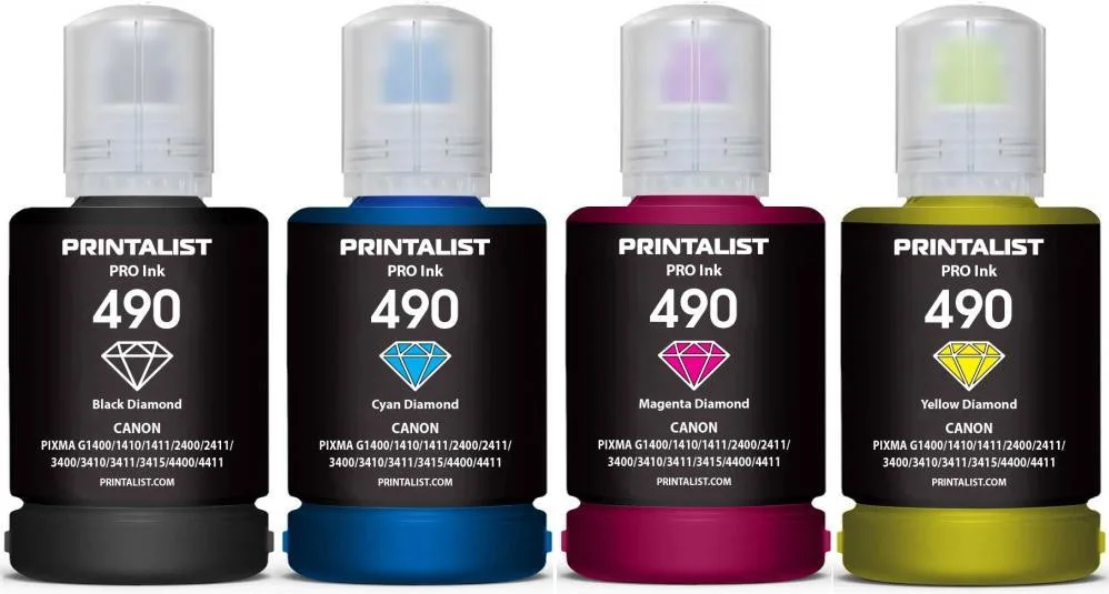 Комплект чернил PRINTALIST GI-490 для Canon G3400 4х140г BP/C/M/Y Пигмент/Водорастворимые (PL490SET4)