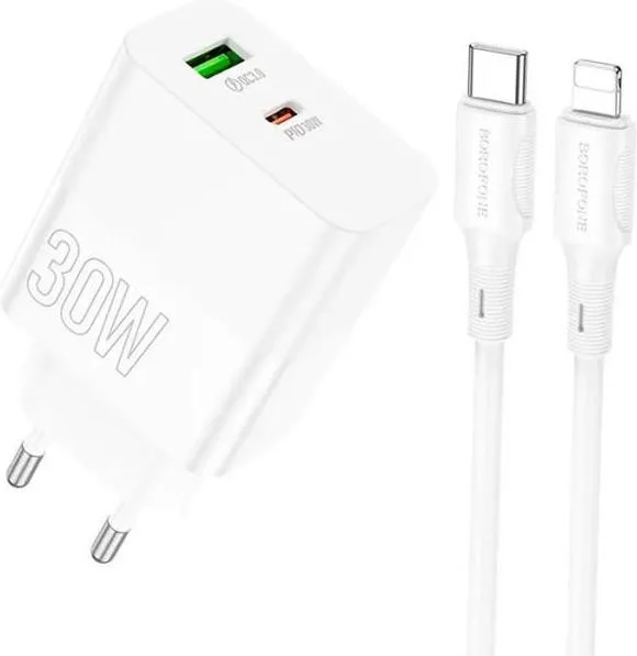 Мережевий зарядний пристрій BOROFONE BA75A Powerful dual port PD30W+QC3.0 charger set(C to iP) White (BA75ACLW)