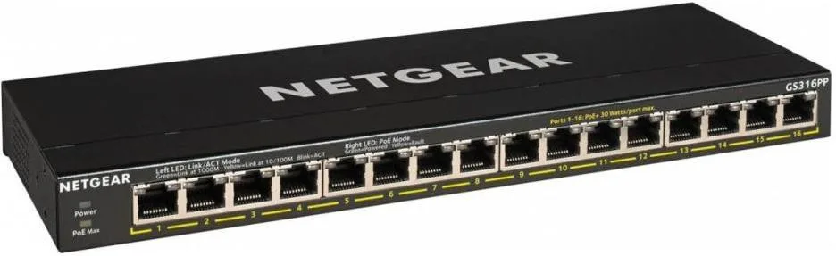 Комутатор NETGEAR GS316PP 16xGE PoE, 183Вт, Некерований (GS316PP-100EUS)