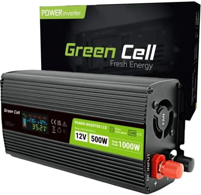 Перетворювач Green Cell Інвертор LCD 12V 500W/1000W (РК -дисплей, чистий синус) INVGC12P500LCD
