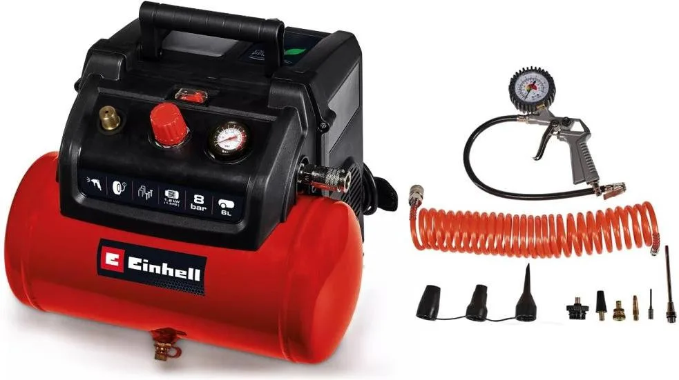 Компресор повітряний Einhell TC-AC 190/6/8 OF Set, безолійнийй, 1200Вт, 6 л, 190л/хв, 7бар, 9.2кг (4020650)