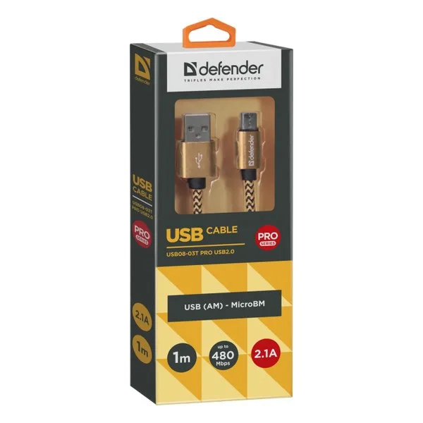 Дата кабель USB 2.0 AM to Micro 5P 1.0m USB08-03T gold Defender (87800)
