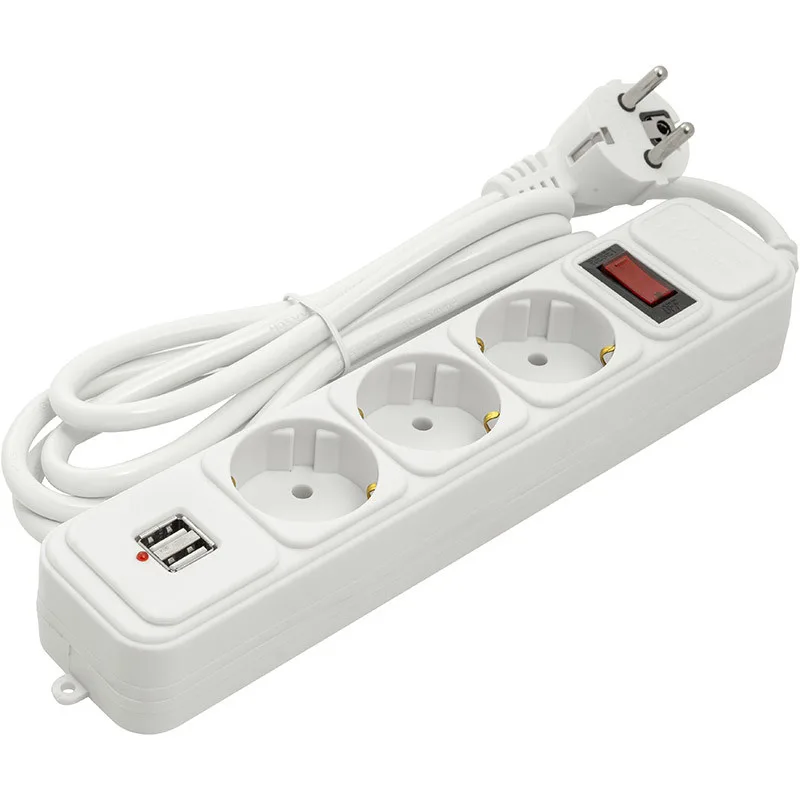 Мережевий фільтр PowerPlant 1.8 м, 3x1.5мм2, 10А, 3 розетки, 2xUSB 2.1A, євро (JY-1054U/1.8) (PPSA10M18S3U)