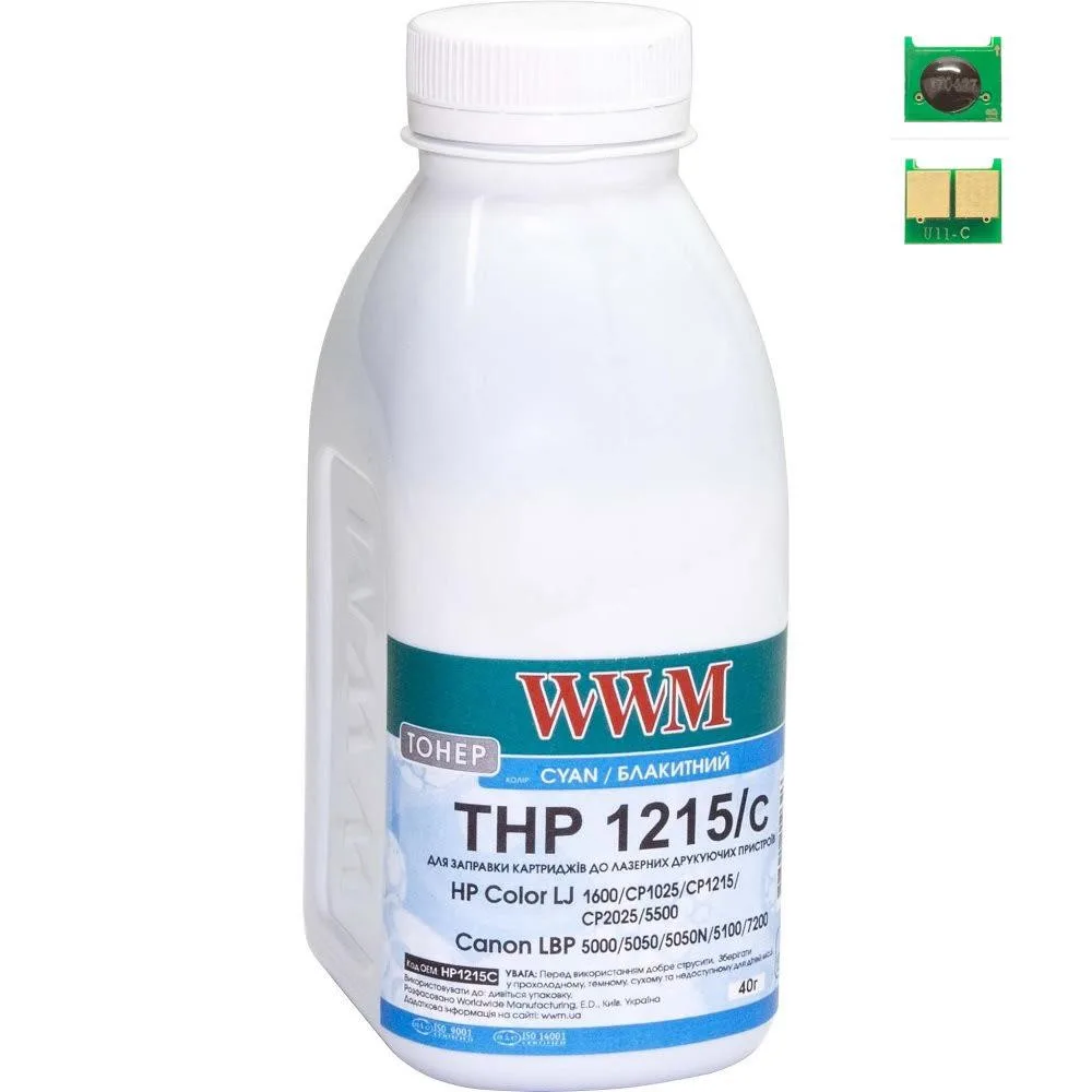 Тонер+чип WWM для HP CLJ CP1215/CP1515/CM1312 ( тонер WWM, чип WWM) бутыль 40г Cyan (TC1215C)