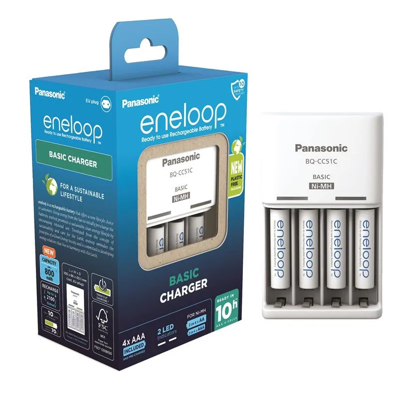 Panasonic Basic Charger BQ-CC51 + Eneloop 4xAAA 800 mAh plastic free pack (K-KJ51MCD04E)