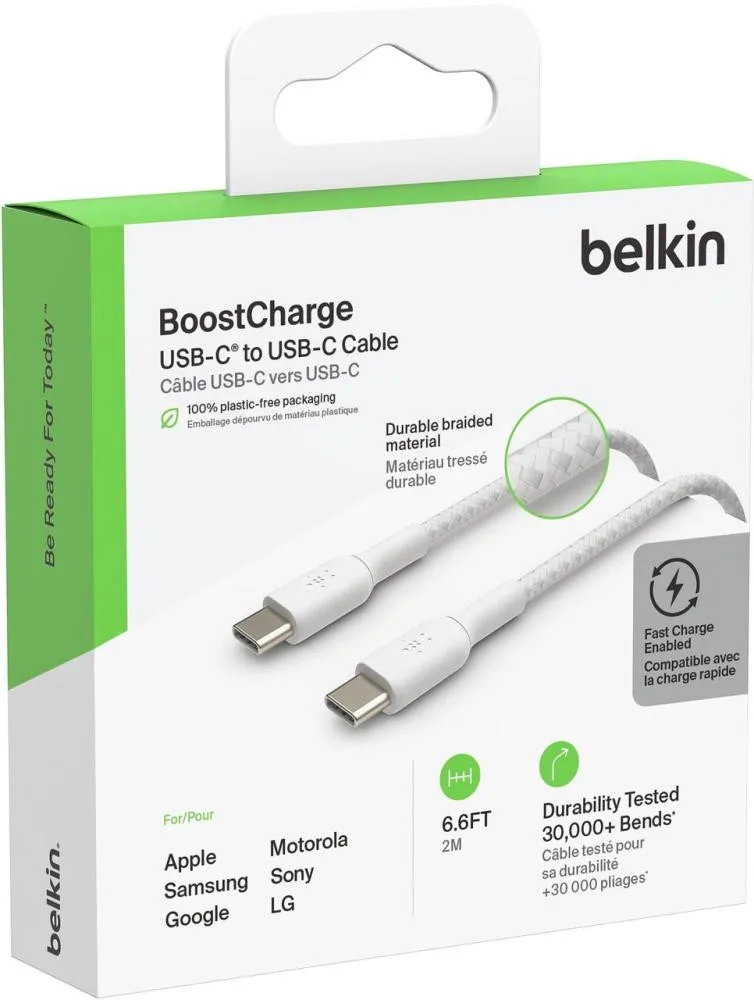 Кабель Belkin Braided USB-C to USB-C White 1m (CAB004BT1MWH)