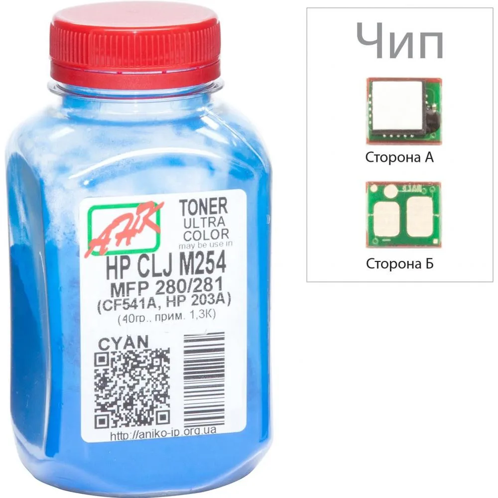 Тонер + чип АНК для HP CLJ Pro M452/477 (тонер АНК, чип Apex) бутыль 40г Cyan (3203131)