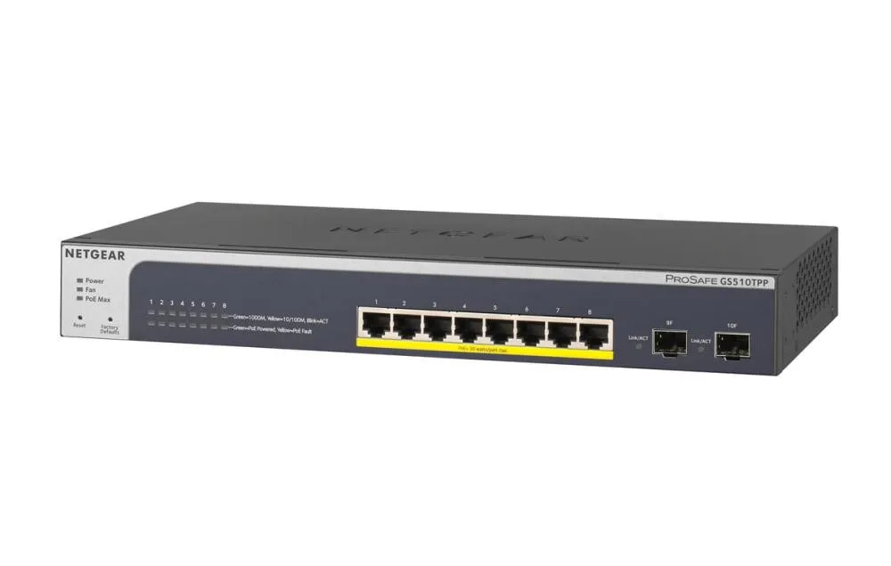 Комутатор NETGEAR GS510TPP 8xGE PoE, 2xSFP, 190Вт, Керований L2 (GS510TPP-100EUS)