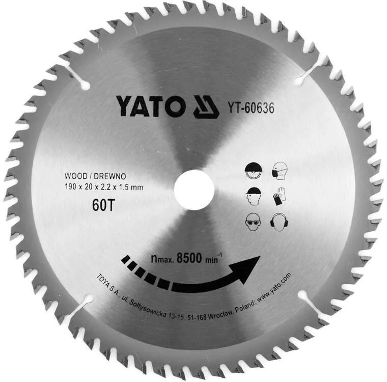 Диск пильний по дереву з побідитовими напайками Yato YT-60636 (190x20x2.2x1.5 мм), 60 зубців
