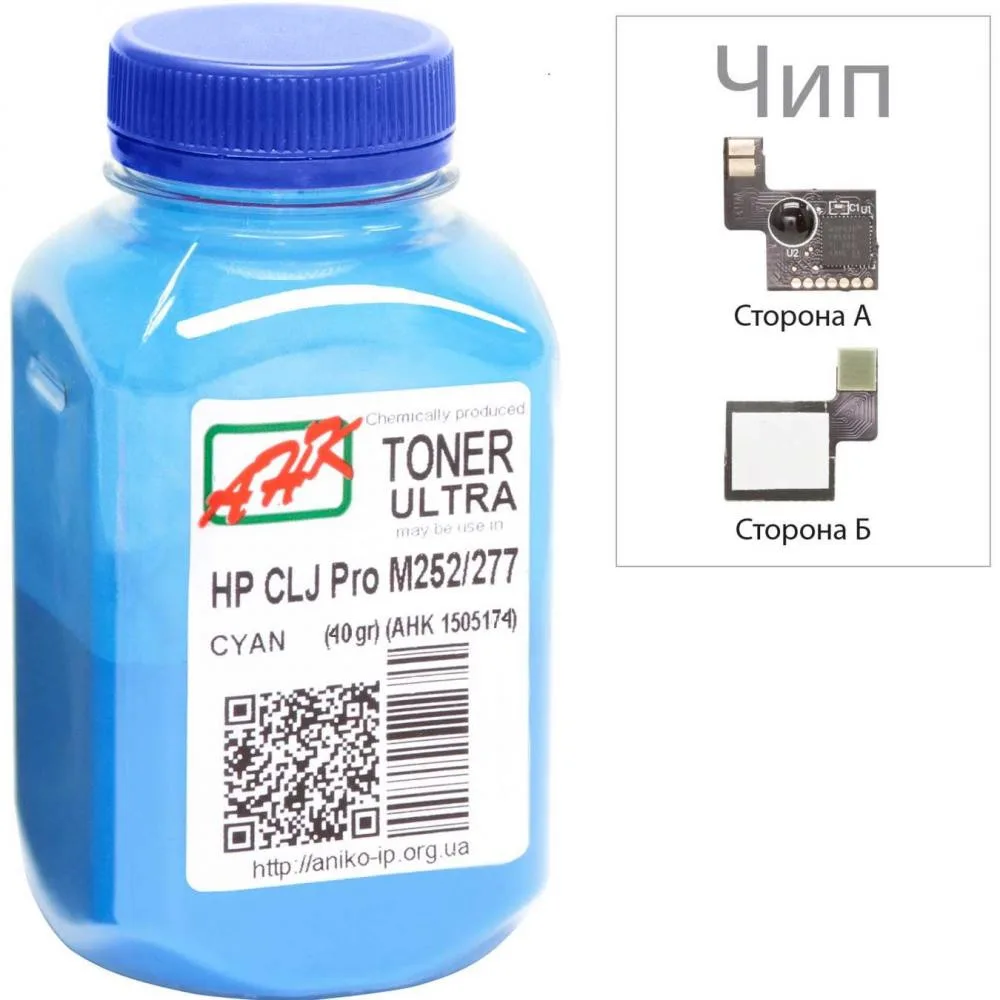 Тонер+чип АНК для HP CLJ Pro M252/M277 ( тонер АНК, чип АНК) бутыль 40г Cyan (1505175)