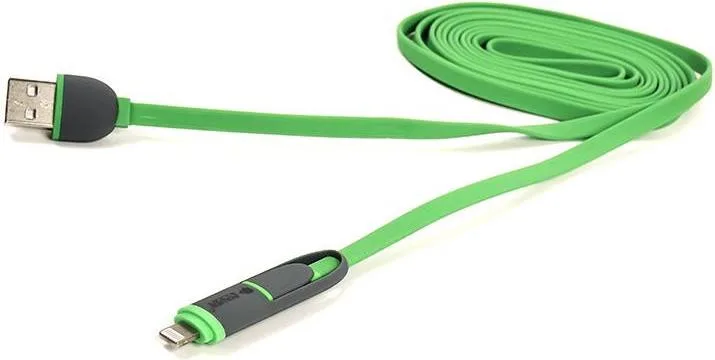 Дата кабель USB 2.0 AM to Lightning + Micro 5P 2.0m 2A flat green PowerPlant (CA910502)