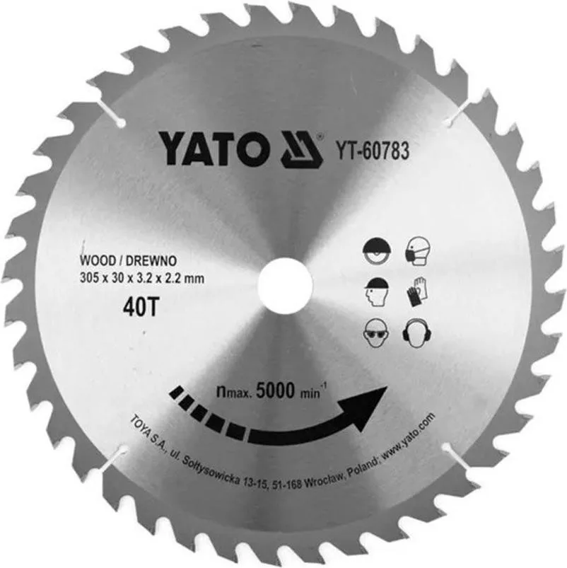 Диск пильний по дереву Yato 305х30х3.2х2.2 мм 40 зубців R.P.M до 5000 1/хв YT-60783