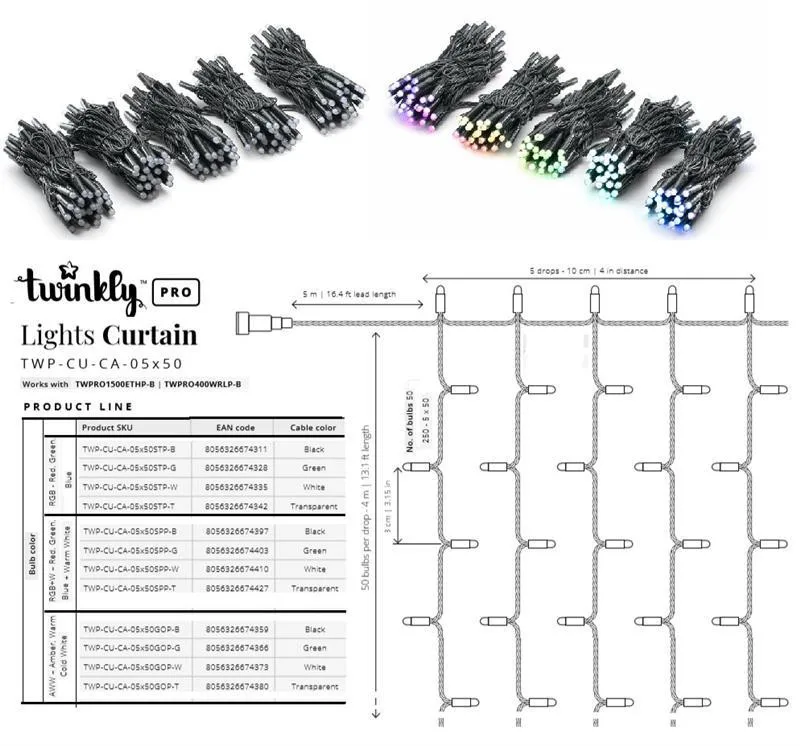 Smart LED Гирлянда Twinkly Pro Curtain RGBW 250, AWG22, IP65, черный (TWP-CU-CA-05X50SPP-B)