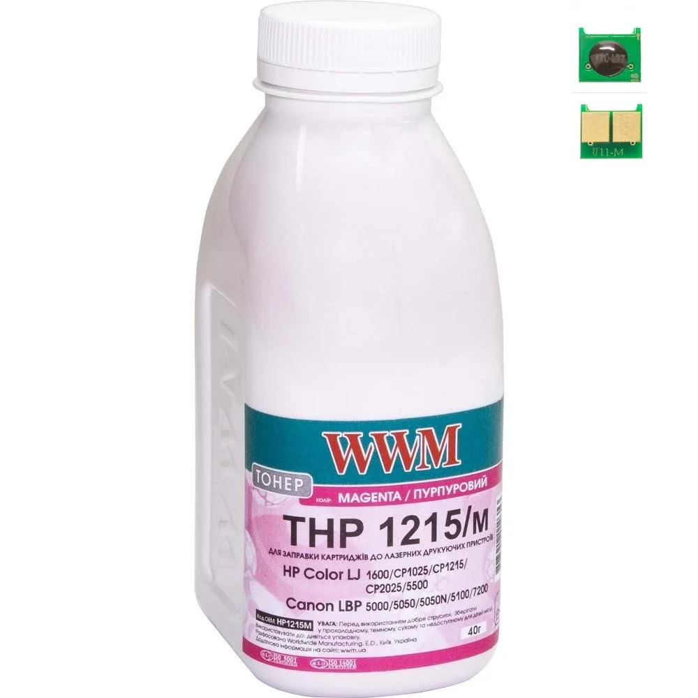 Тонер+чип WWM для HP CLJ CP1215/CP1515/CM1312 ( тонер WWM, чип WWM) бутыль 40г Magenta (TC1215M)