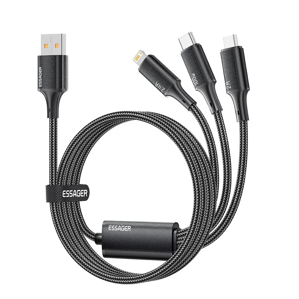 Дата кабель USB 2.0 AM to Lightning + Micro 5P + USB-C 1.2m 100W Essager (EXCMTL-JJ01-P)