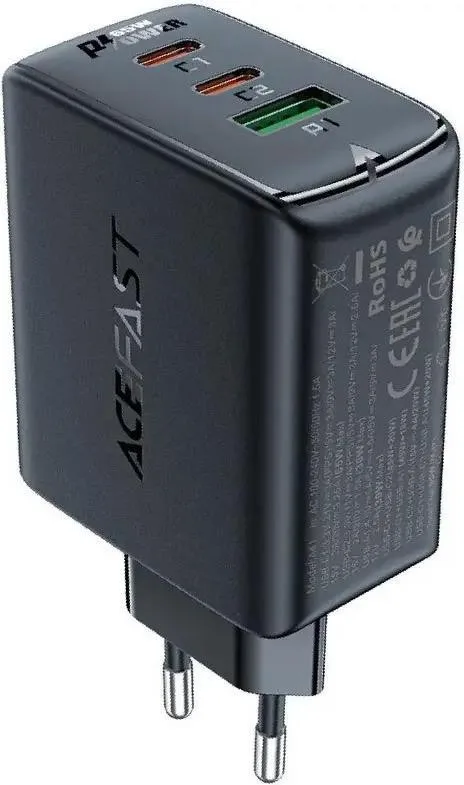 Мережевий зарядний пристрій ACEFAST A41 PD65W GaN (2*USB-C+USB-A) charger Black (AFA41B)