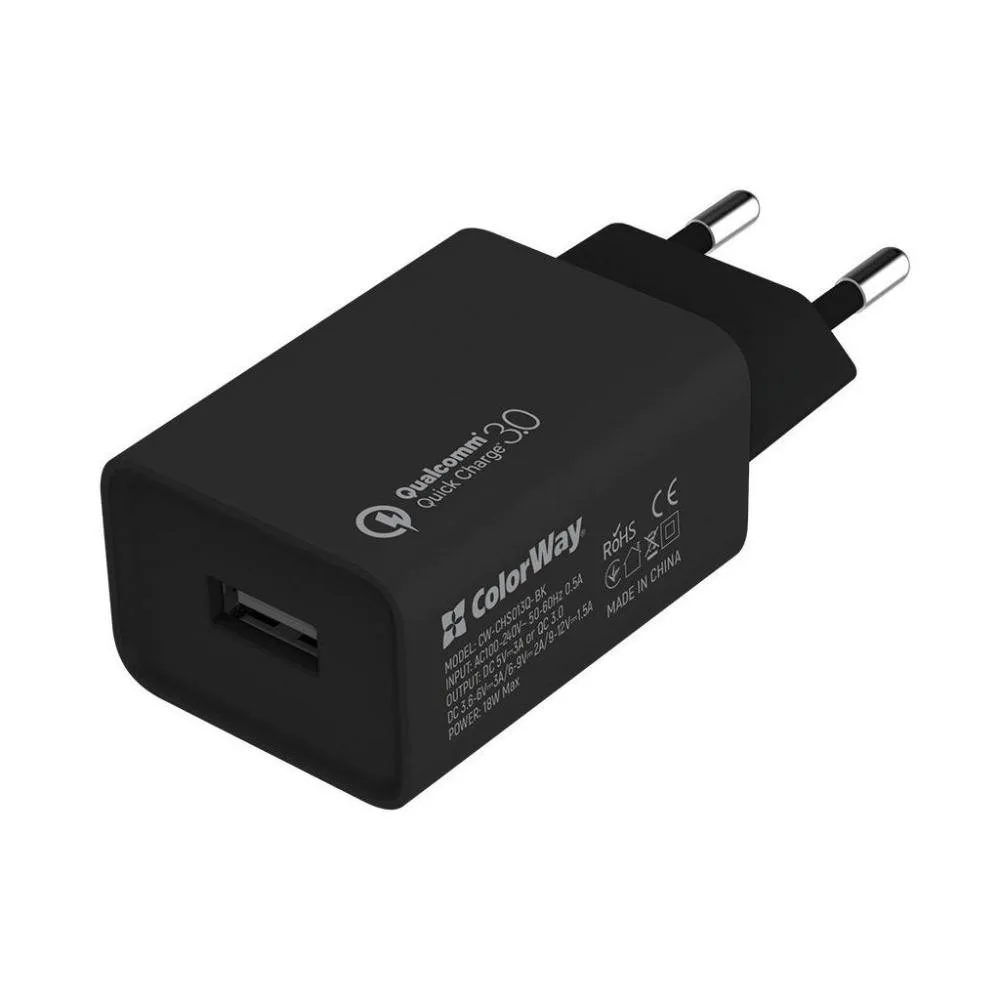 ColorWay 1USB QC3.0 18W + cable Lightning (CW-CHS013QCL-BK)