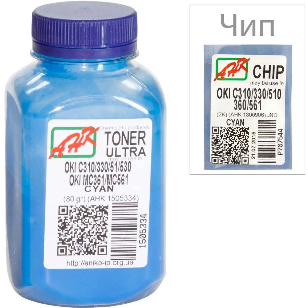 Тонер+чип АНК для OKI C310/330/510 ( тонер АНК, чип АНК) бутыль 80г Cyan (1505338) ULTRA COLOR
