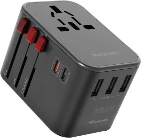 Перехідник мережевий Promate TripMate-36W EU/US/UK/AU на EU/USA/UK/AU, 2хUSB-С+3хUSB-A 36W total Black (tripmate-36w.black)